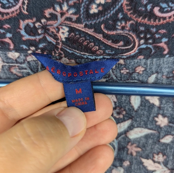 Aeropostale Y2K Navy Pink Floral Long Bell Sleeve Hippie Fit Flair V  Neck Top M - Picture 5 of 9